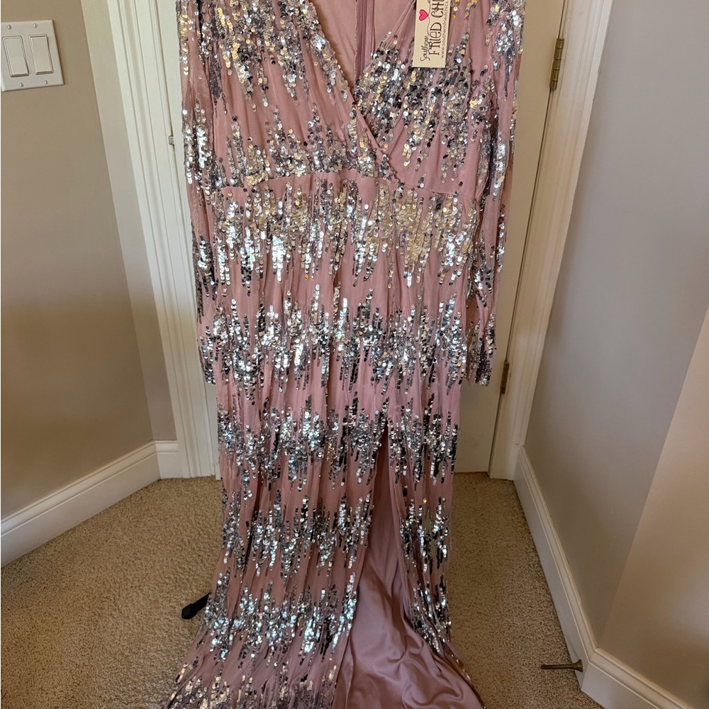Southern fried chicks Blush Pink Sequin Long Evening Gown